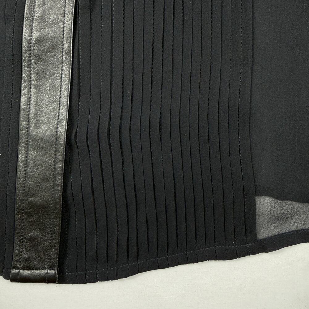 SAGAIE 90s VTG Paris black sheer long-sleeve tuxedo-style blouse leather trim - Picture 10 of 15